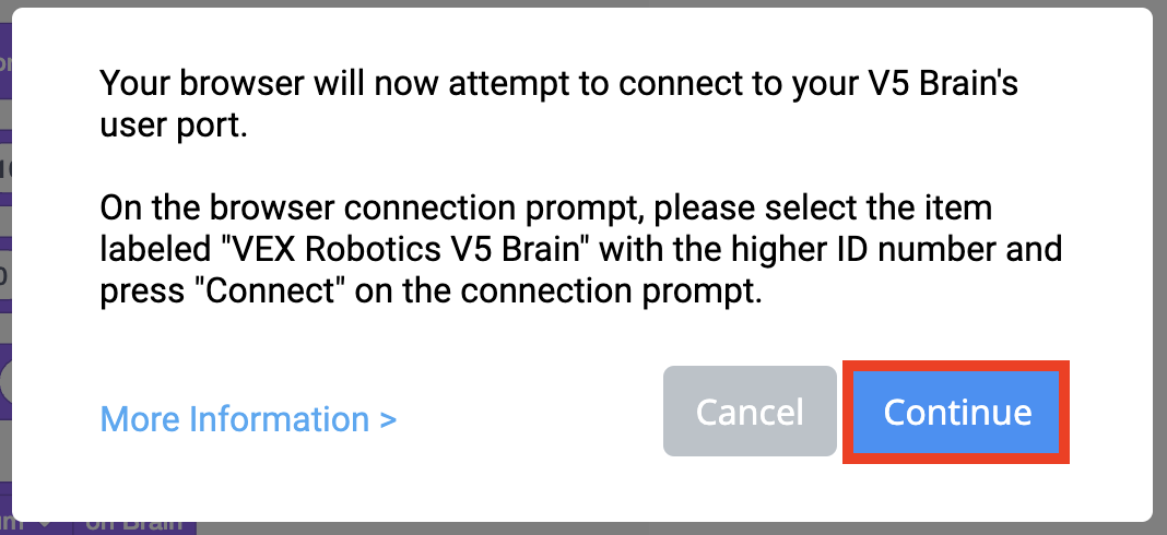 Diagrama, iliustruojanti prisijungimo prie VEX V5 Brain procesą, su pažymėtais komponentais ir prievadais laidams ir sąrankai, kaip jungiamųjų įrenginių V5 kategorijos aprašo dalis.