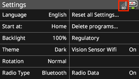Captura de pantalla de la interfaz de configuración de VEX V5 que muestra las opciones para conectarse al cerebro, incluida la configuración de red y las funciones de administración de dispositivos.