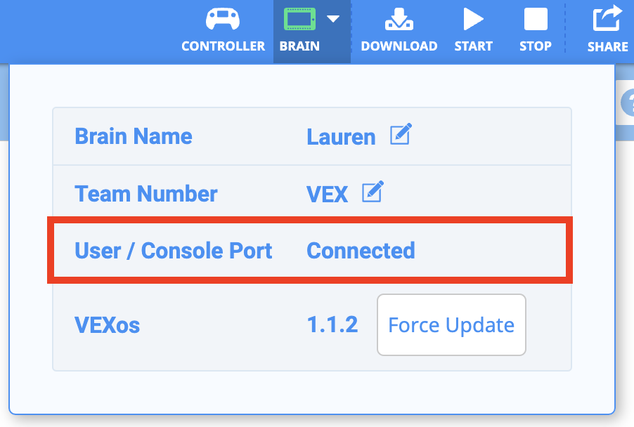 VEX V5 ബ്രെയിനിലേക്കുള്ള കണക്ഷൻ പ്രക്രിയ ചിത്രീകരിക്കുന്ന ഡയഗ്രം, ശരിയായ സജ്ജീകരണത്തിനായി ലേബൽ ചെയ്ത പോർട്ടുകളും ഘടകങ്ങളും കാണിക്കുന്നു.