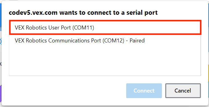 Schéma znázorňující proces připojení k VEX V5 Brain, zobrazující označené porty a komponenty pro správné nastavení v robotických projektech.