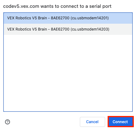 Capture d'écran montrant le processus de connexion au VEX V5 Brain, mettant en évidence les étapes et composants clés impliqués dans l'établissement d'une connexion pour la programmation et le contrôle.