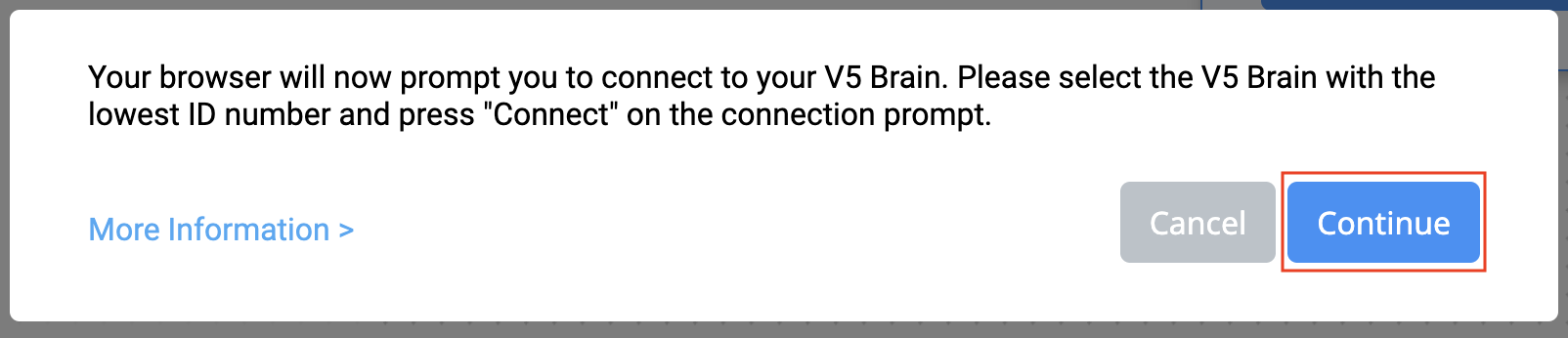 Captura de tela mostrando o processo de conexão do V5 Brain, ilustrando as etapas para conectar dispositivos, com portas e pontos de conexão rotulados para maior clareza.
