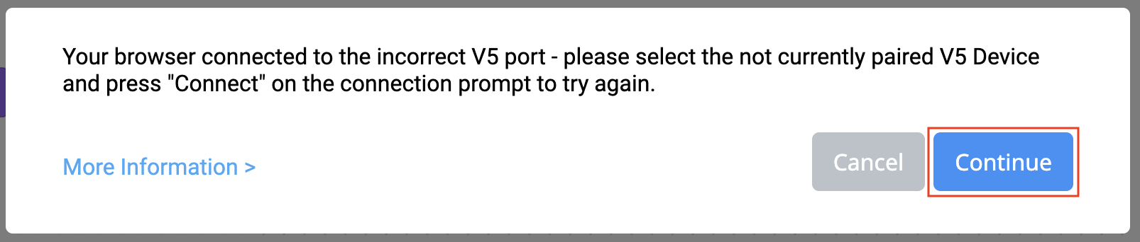 Captura de tela mostrando o processo de conexão com o VEX V5 Brain, ilustrando a interface e as etapas necessárias para a configuração, com opções e recursos destacados relevantes para os usuários.