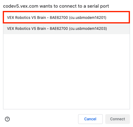 Capture d'écran montrant le processus de connexion au VEX V5 Brain, y compris les indicateurs visuels et les éléments d'interface pour établir une connexion réussie.