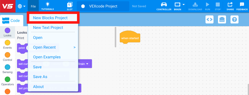 Schermafbeelding van de programmeerinterface VEX V5 Blocks, met verschillende programmeerblokken en opties voor het maken van een nieuw project. Deze zijn ontworpen om gebruikers te helpen aan de slag te gaan met VEX-roboticaprogrammering.