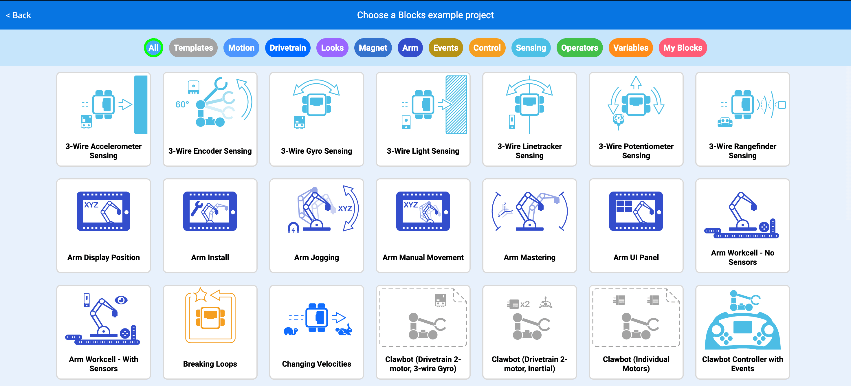 Vengono visualizzate le icone del progetto di esempio VEXcode V5.