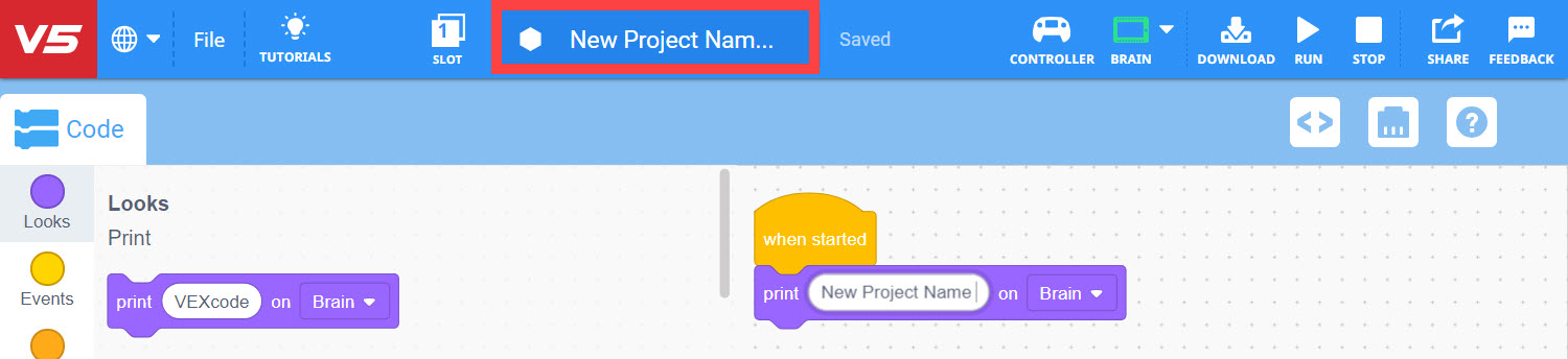 Schermata dell'interfaccia software VEX V5 che mostra la funzionalità Apri e salva progetti di blocchi, con le opzioni per aprire progetti esistenti e salvare il lavoro corrente evidenziate.