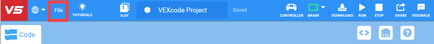 Captura de pantalla que ilustra el proceso de apertura y guardado de proyectos de Blocks en VEX V5, presentando opciones de menú relevantes y elementos de interfaz para guiar al usuario.