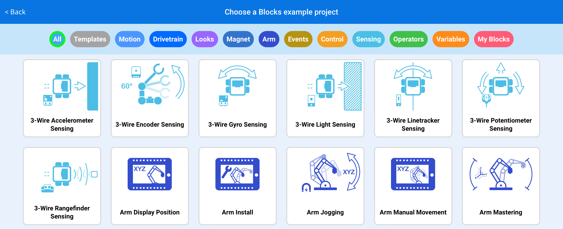 VEXcode V5-এর টেমপ্লেট এবং উদাহরণ প্রজেক্ট উইন্ডোতে বোতাম সহ বেশ কয়েকটি উদাহরণ প্রকল্পের বিকল্প দেখানো হয়েছে