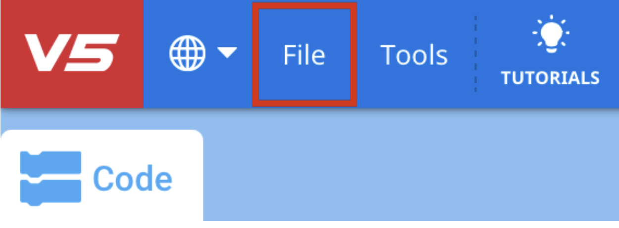 Barra de herramientas de Vexcode V5 con un cuadro rojo que resalta el botón de archivo