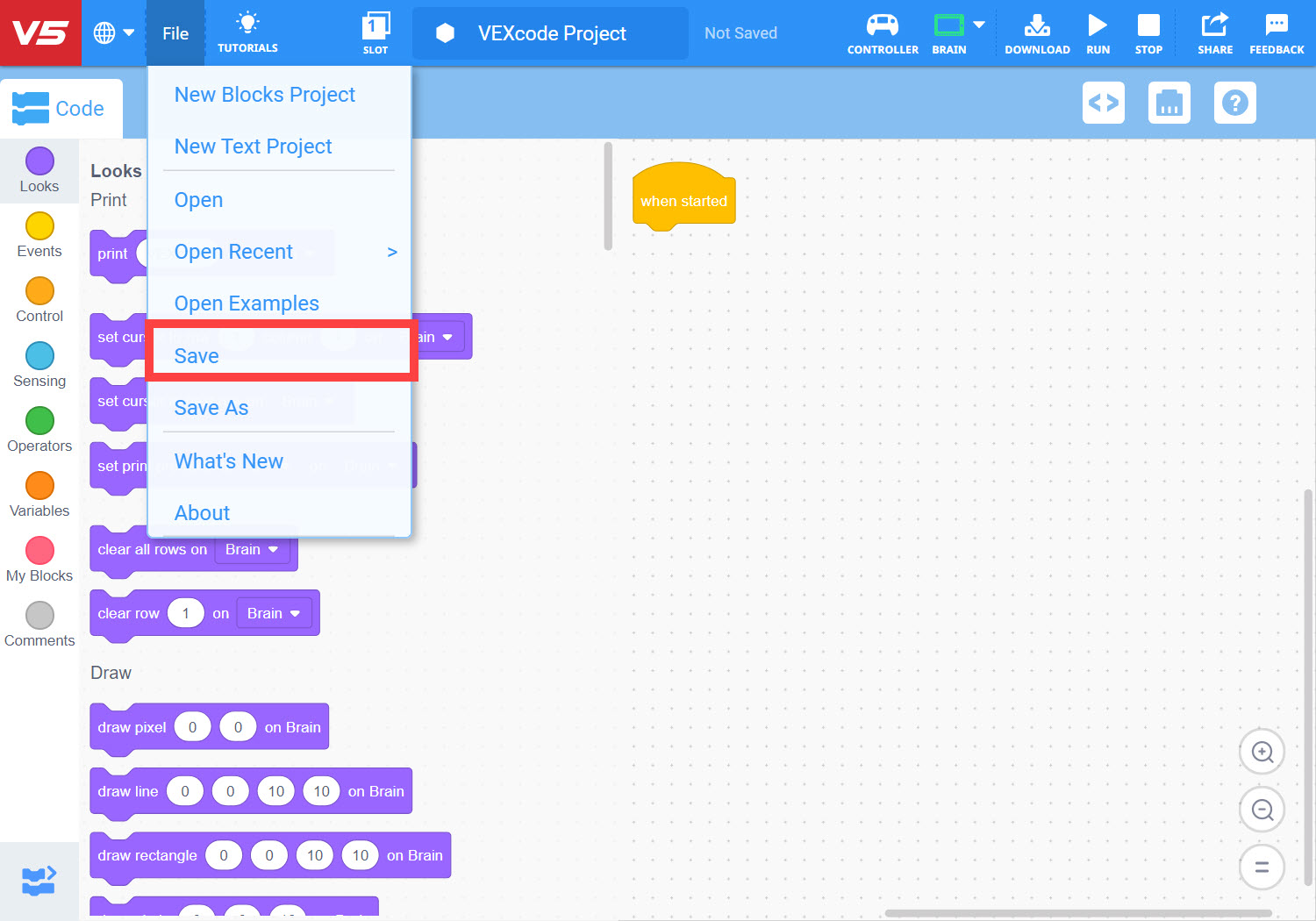 Capture d'écran de l'interface du logiciel VEX V5 montrant les options « Ouvrir » et « Enregistrer » pour les projets de blocs, illustrant comment gérer efficacement les fichiers de projet.