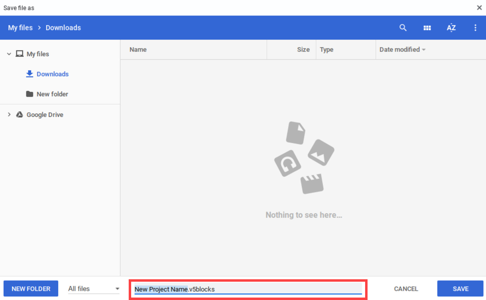 Captura de tela da interface do V5 Blocks mostrando as opções para abrir e salvar projetos, ilustrando as etapas para gerenciar projetos de forma eficaz no ambiente de programação VEX V5.