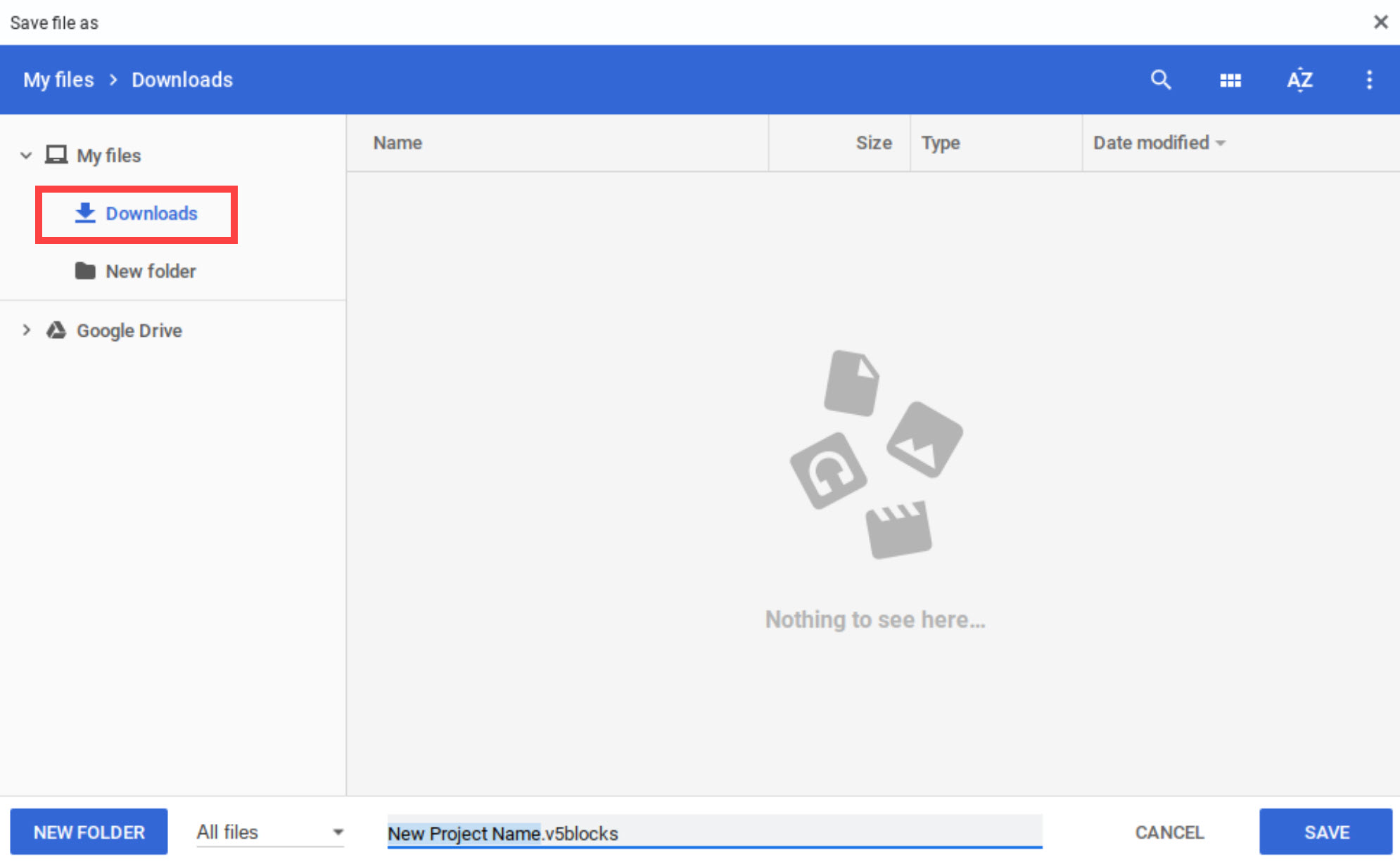 Captura de tela mostrando o local de download dos projetos de blocos V5, ilustrando como abrir e salvar projetos no software VEX V5.