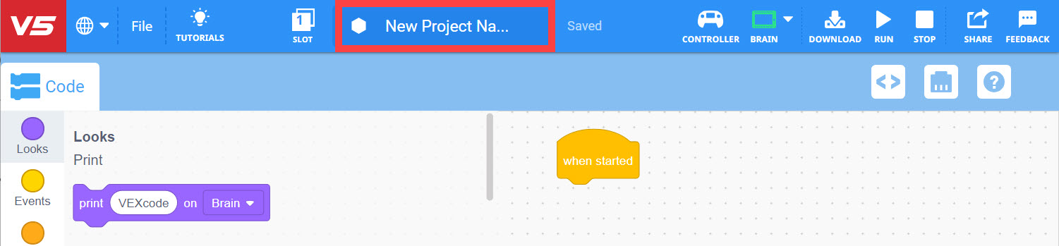 Captura de tela da interface do software VEX V5 mostrando as opções Abrir e Salvar Projetos de Blocos, com botões e menus destacados para acessar arquivos de projeto.