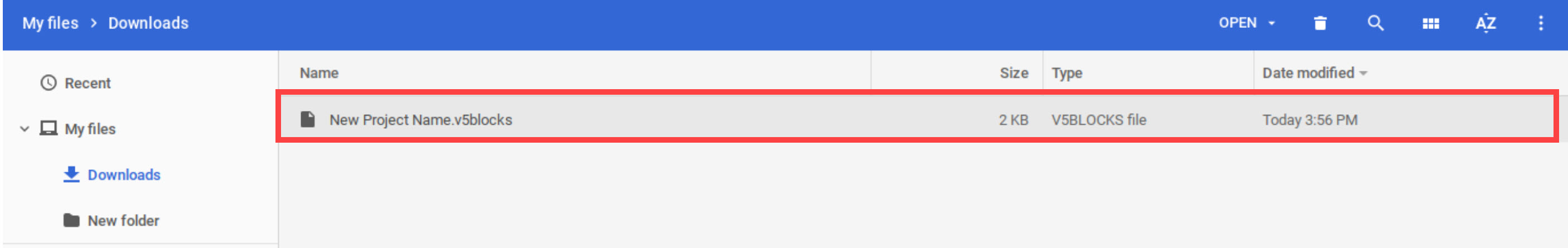 Screenshot der V5 Blocks-Schnittstelle, der den Vorgang zum Öffnen und Speichern von Projekten mit hervorgehobenen Optionen zur Dateiverwaltung zeigt.