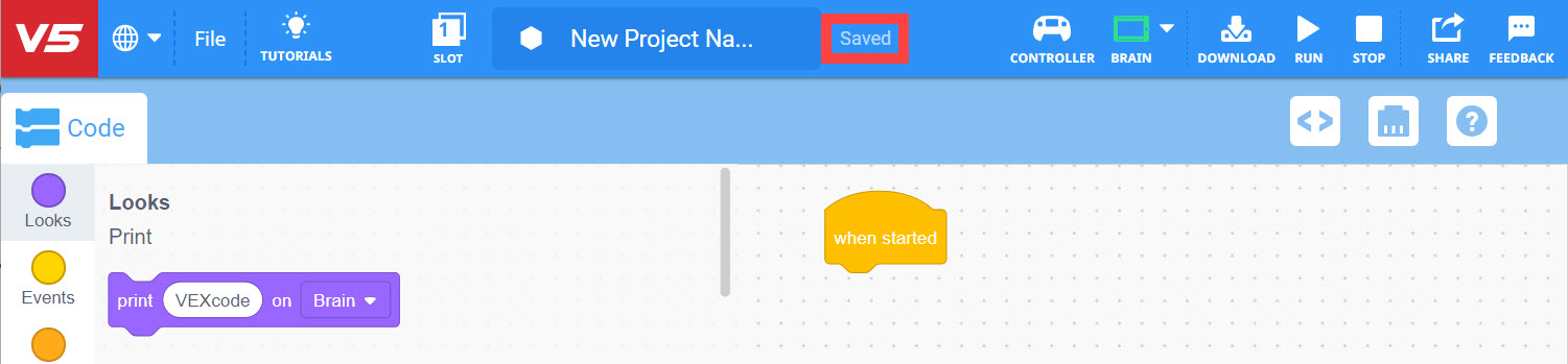 VEX V5 programinės įrangos sąsajos ekrano kopija, kurioje rodomi projektų blokai „Atidaryti“ ir „Išsaugoti“, iliustruojantys projektų failų valdymo parinktis VEX V5 programavimo aplinkoje.