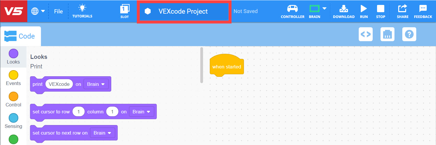 Capture d'écran de l'interface du logiciel VEX V5 montrant les options Ouvrir et Enregistrer les projets de blocs, avec des boutons en surbrillance pour ouvrir et enregistrer les fichiers de projet.