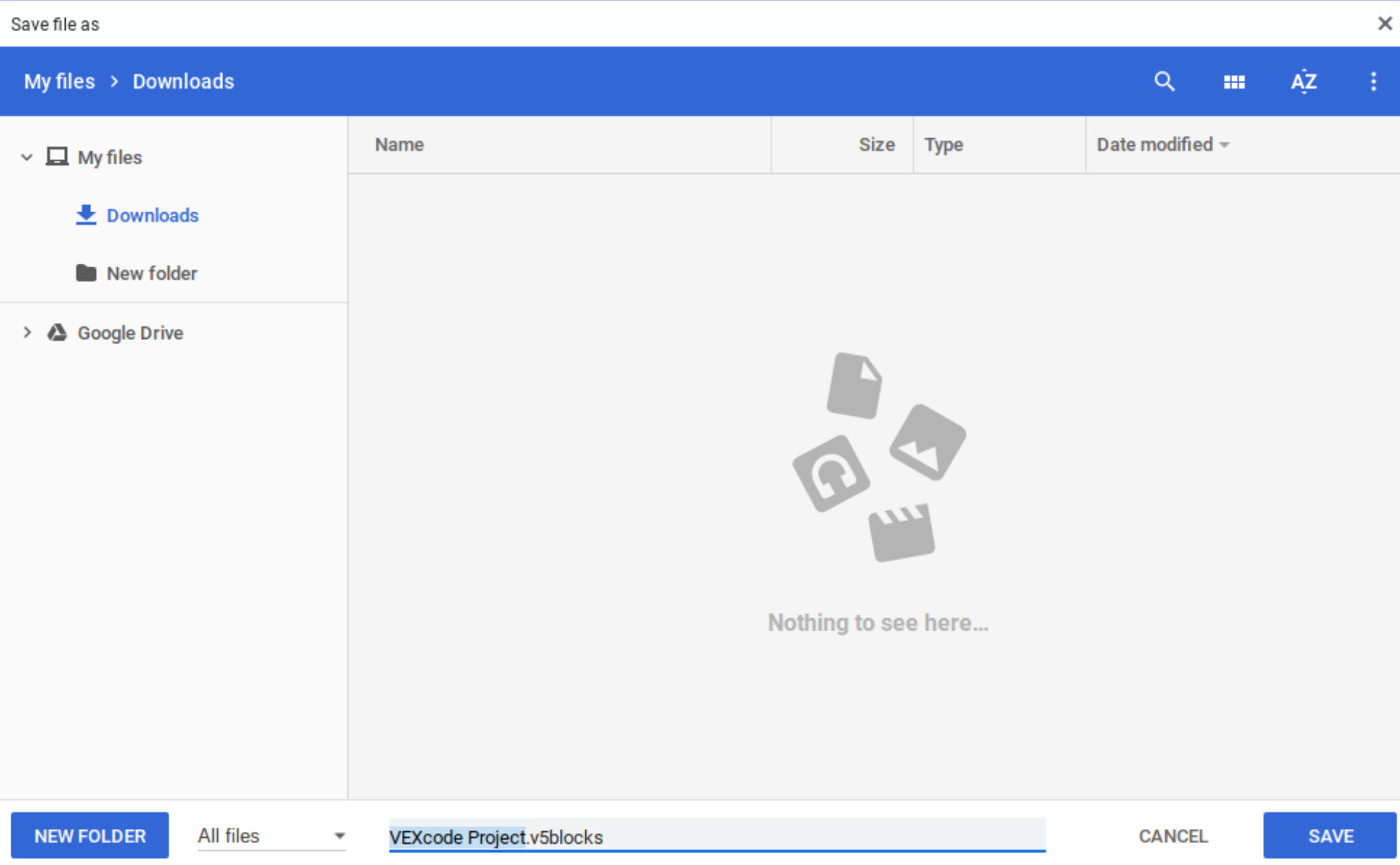 Captura de tela da interface de projetos de blocos abertos e salvos do VEX V5, exibindo opções para gerenciar arquivos de projeto, incluindo botões para abrir, salvar e criar novos projetos.