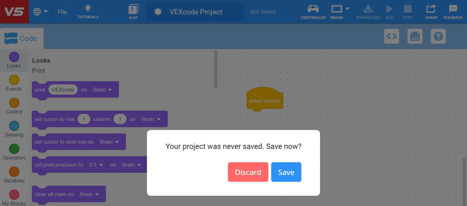 Screenshot dell'interfaccia di VEX V5 Blocks che mostra le opzioni per aprire e salvare i progetti, inclusi pulsanti e funzionalità di gestione dei file.