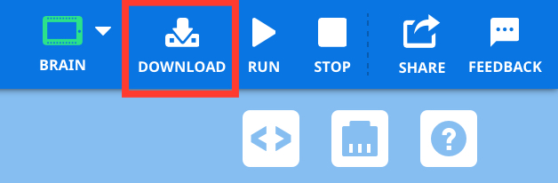 Barre d'outils VEXcode V5 avec une case rouge mettant en évidence le bouton de téléchargement
