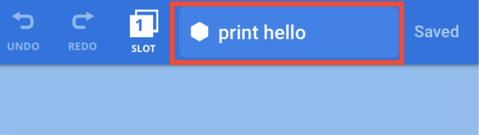La zone de nom du projet VEXcode V5 est mise en évidence par un cadre rouge. Le nom du projet à l'intérieur de la boîte est print hello