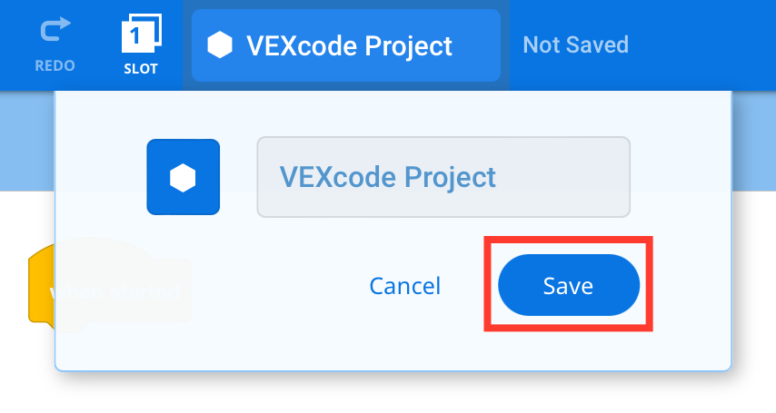 Ventana de nombre del proyecto VEXcode V5 con un cuadro rojo que resalta el botón guardar
