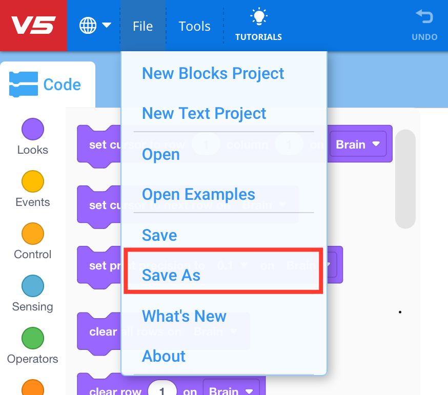 Menu file VEXcode V5 con l'opzione Salva con nome evidenziata