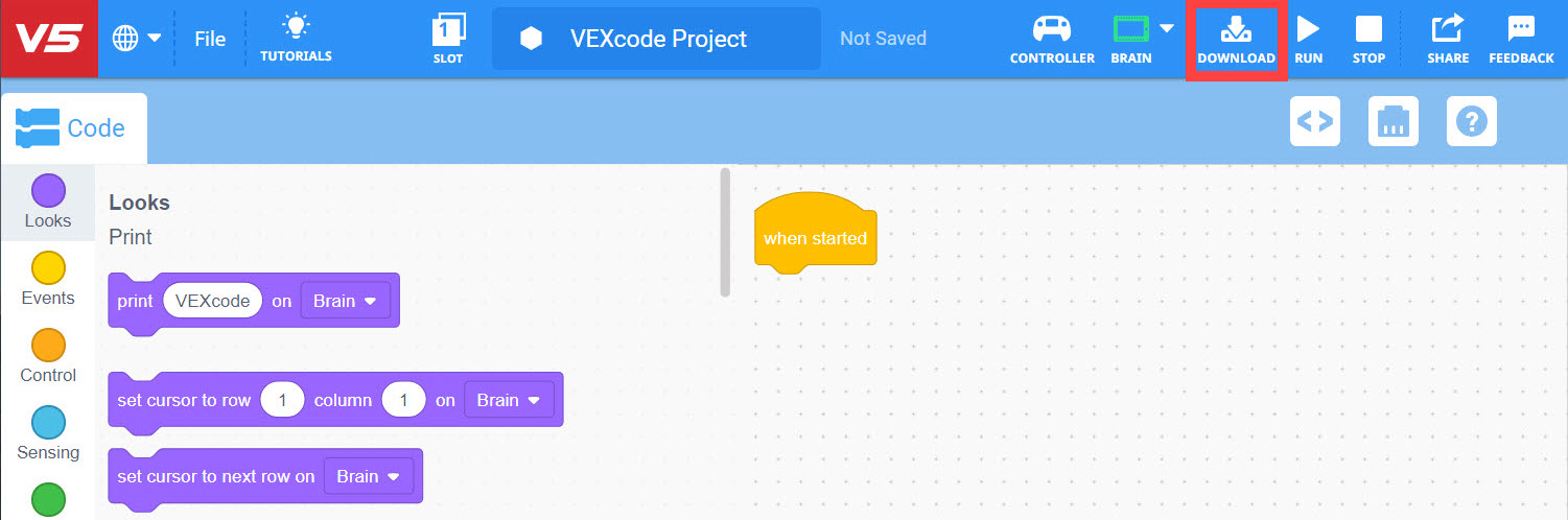 ภาพหน้าจอของอินเทอร์เฟซซอฟต์แวร์ VEX V5 ที่แสดงตัวเลือก เปิด และ บันทึกบล็อกโครงการ พร้อมด้วยปุ่มที่เน้นไว้สำหรับเปิดและบันทึกไฟล์โครงการ