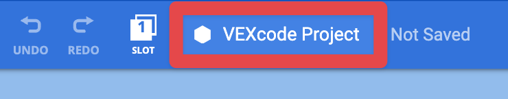 VEXcode-työkalupalkin keskikohta, jossa näkyy paikka, projektin nimi ja tallennustila. Projektin nimi -ruutu on korostettu punaisella ruudulla.