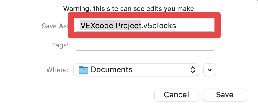 Cuadro de diálogo del proyecto en macOS que se muestra con áreas para elegir el nombre del archivo, la ubicación de descarga y las etiquetas. Un cuadro rojo resalta el nombre del archivo.