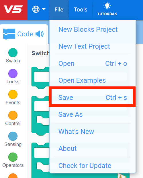 Barre d'outils VEXcode V5 avec fichier surligné en rouge.