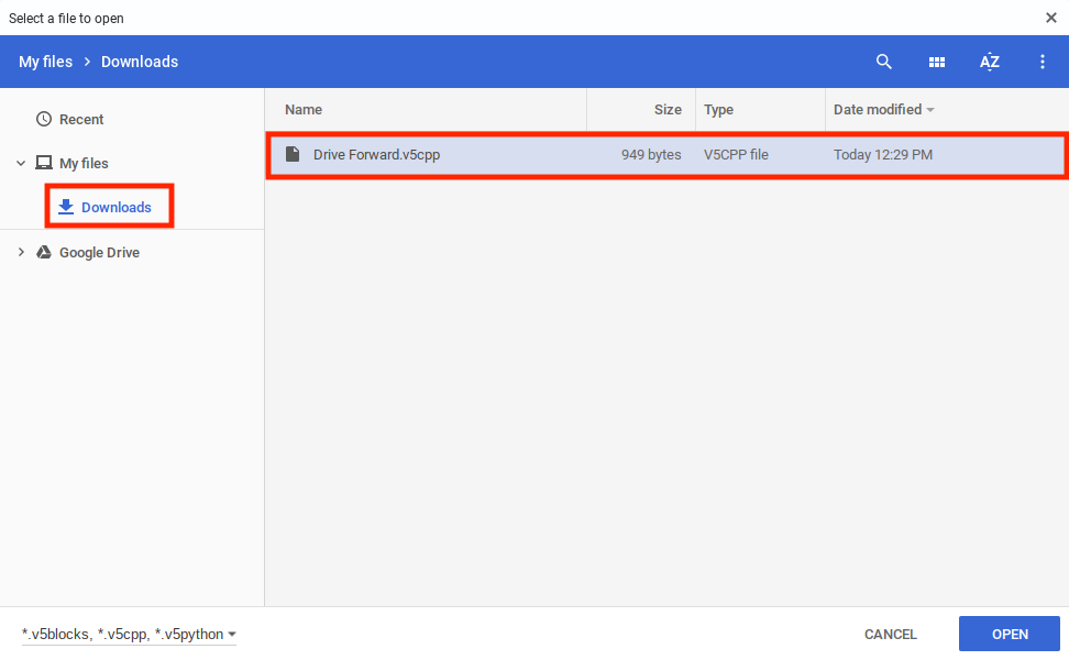 Schermata della finestra di dialogo "Seleziona download" per il salvataggio di progetti C++ nel software V5, che mostra le opzioni per la selezione e il download dei file.