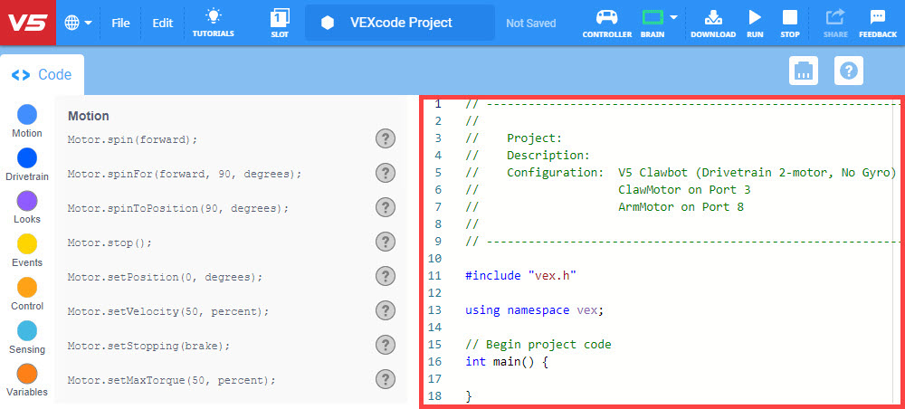 Képernyőkép, amely a C++ projektek VEX V5 szoftverben történő megnyitásának és mentésének folyamatát mutatja, kiemelve a felhasználói felületet és a projektmenedzsmenthez elérhető releváns lehetőségeket.