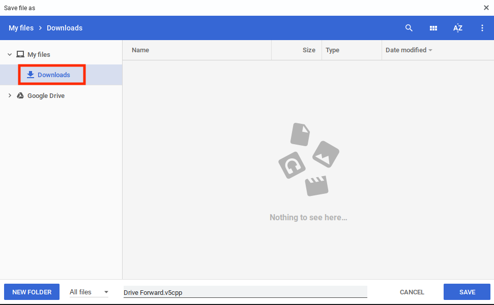 Screenshot dell'interfaccia di download delle cartelle nel software V5, che illustra come aprire e salvare progetti C++, con opzioni per selezionare le cartelle e gestire i file.