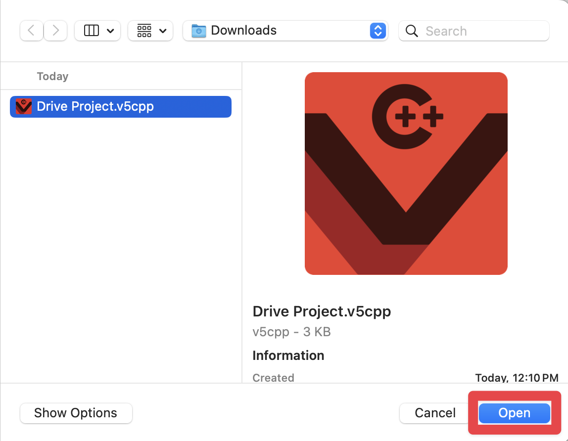 ഒരു VEXcode V5 C++ പ്രോജക്റ്റ് തിരഞ്ഞെടുത്ത ഒരു macOS ഉപകരണത്തിലെ ഫൈൻഡർ വിൻഡോ. താഴെയുള്ള 'ഓപ്പൺ' ബട്ടണിന് ചുറ്റും ഒരു ചുവന്ന ബോക്സ് ഉണ്ട്.