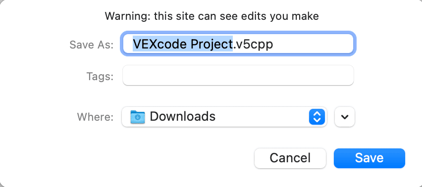 Boîte de dialogue du projet sur macOS affichée avec des zones permettant de choisir le nom du fichier, l'emplacement de téléchargement et les balises.