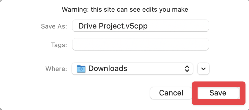 Projektēšanas dialoglodziņš operētājsistēmā MacOS ir parādīts ar apgabaliem, lai izvēlētos faila nosaukumu, lejupielādes vietu un atzīmes. Tiek parādīts atjauninātais projekta nosaukums Drive Project. Ap saglabāšanas opciju atrodas sarkans izcelšanas lodziņš.