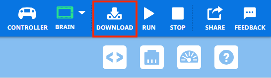 Panel nástrojů VEXcode V5 s tlačítkem Stáhnout zvýrazněným červeně, vpravo od ikony Mozek.