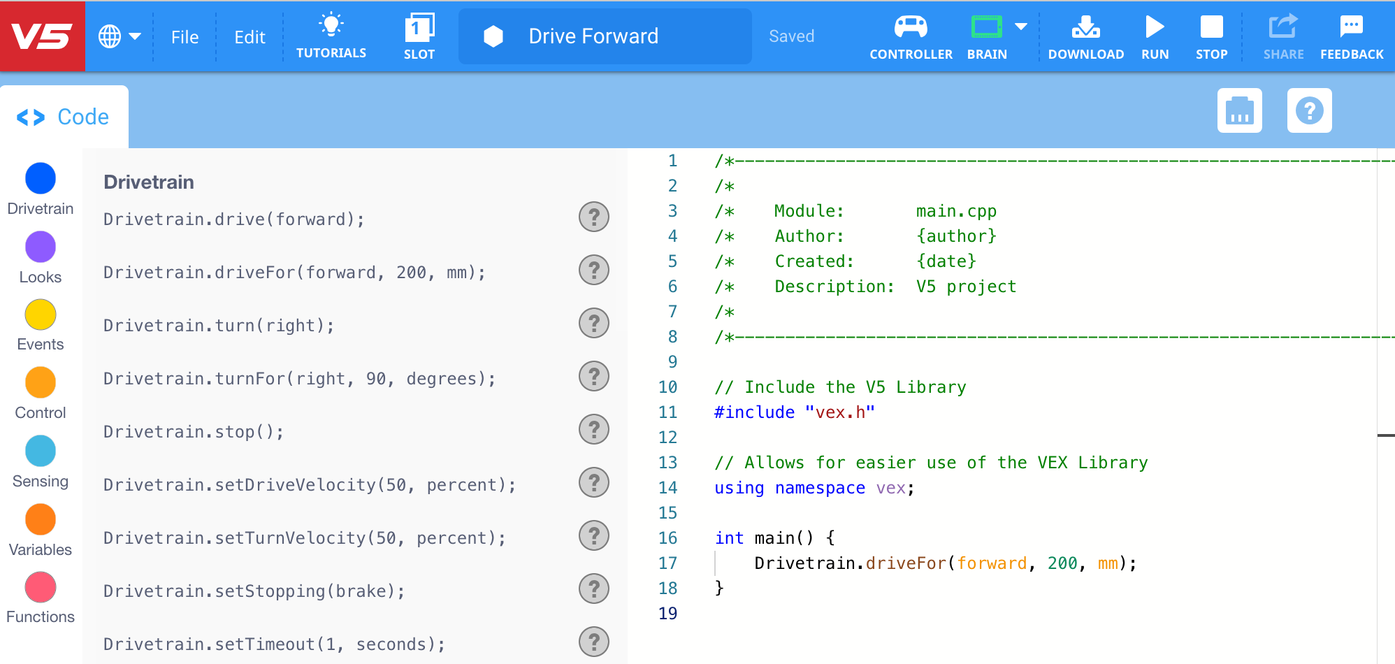 Captura de pantalla de la interfaz VEXcode V5 que muestra el cuadro de diálogo "Abrir proyecto" para proyectos de C++, destacando las opciones para seleccionar y abrir archivos de proyectos existentes.