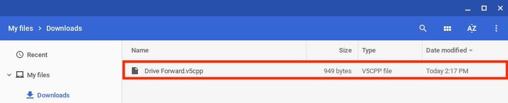 C++ പ്രോജക്റ്റുകൾക്കായി ഓപ്പൺ, സേവ് ഓപ്ഷനുകൾ കൈകാര്യം ചെയ്യുന്നതിനുള്ള 'ഡെസ്റ്റിനേഷൻ ചെക്ക്' സവിശേഷത കാണിക്കുന്ന VEXcode V5 ഇന്റർഫേസിന്റെ സ്ക്രീൻഷോട്ട്.