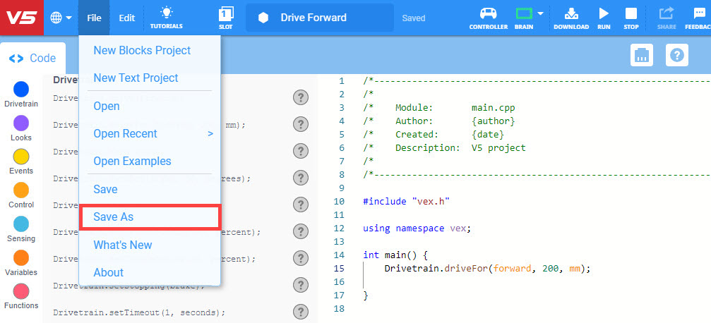 C++ പ്രോജക്റ്റ് ഫയലുകൾ കൈകാര്യം ചെയ്യുന്നതിനുള്ള ഹൈലൈറ്റ് ചെയ്ത ഓപ്ഷനുകൾക്കൊപ്പം, 'C++ പ്രോജക്റ്റുകൾ തുറക്കുക, സംരക്ഷിക്കുക' വിഭാഗം കാണിക്കുന്ന VEX V5 സോഫ്റ്റ്‌വെയർ ഇന്റർഫേസിന്റെ സ്ക്രീൻഷോട്ട്.