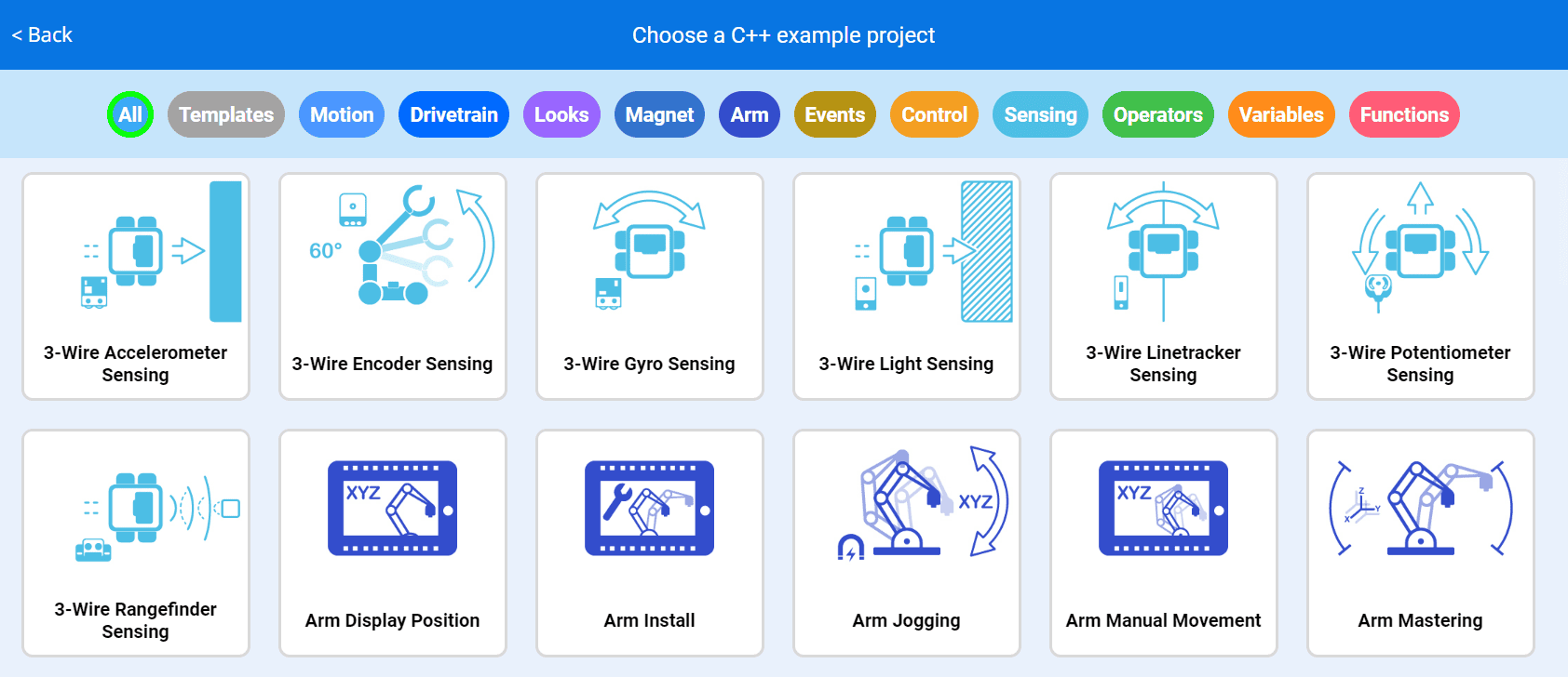 Ventana de selección de proyecto de ejemplo que muestra mosaicos para varios proyectos de ejemplo en VEXcode V5. En la parte superior se lee Elija un proyecto de ejemplo de C++.