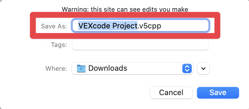 Projekt párbeszédpanel macOS rendszeren a fájlnév, a letöltési hely és a címkék kiválasztására szolgáló területekkel. A fájlnévmező körül piros kiemelő mező található.