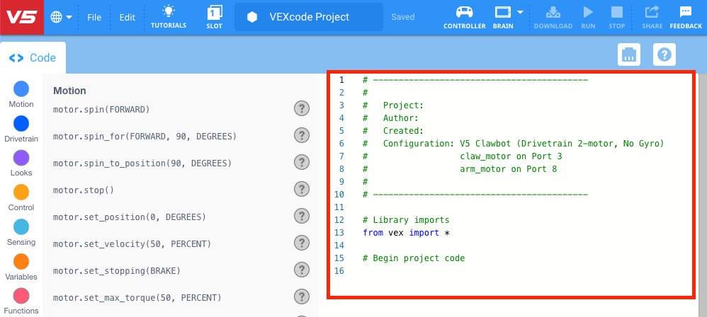 Screenshot des VEXcode V5-Arbeitsbereichs, der die Vorlage zum Kopieren von Python-Projekten zeigt und die verfügbaren Optionen zum Öffnen und Speichern von Projekten in der Software veranschaulicht.