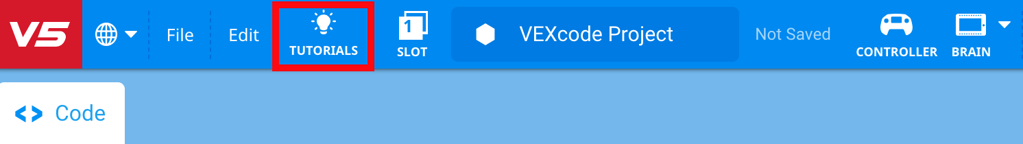 Captura de tela da interface dos tutoriais do V5, mostrando opções para abrir e salvar projetos Python, destacando os principais recursos e elementos de navegação relevantes para a programação do V5.