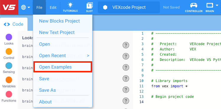 ภาพหน้าจอของเมนูตัวอย่างการเปิดใน VEXcode V5 แสดงตัวเลือกสำหรับการเปิดและบันทึกโครงการ Python รวมถึงการนำทางไฟล์และฟีเจอร์การเลือกโครงการ