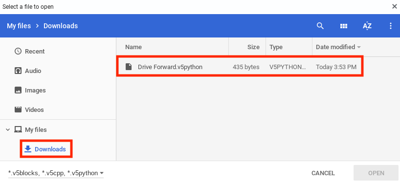 Знімок екрана інтерфейсу Open Drive у VEXcode V5, на якому показано параметри відкриття та збереження проектів Python із виділеними кнопками та елементами навігації файлів.