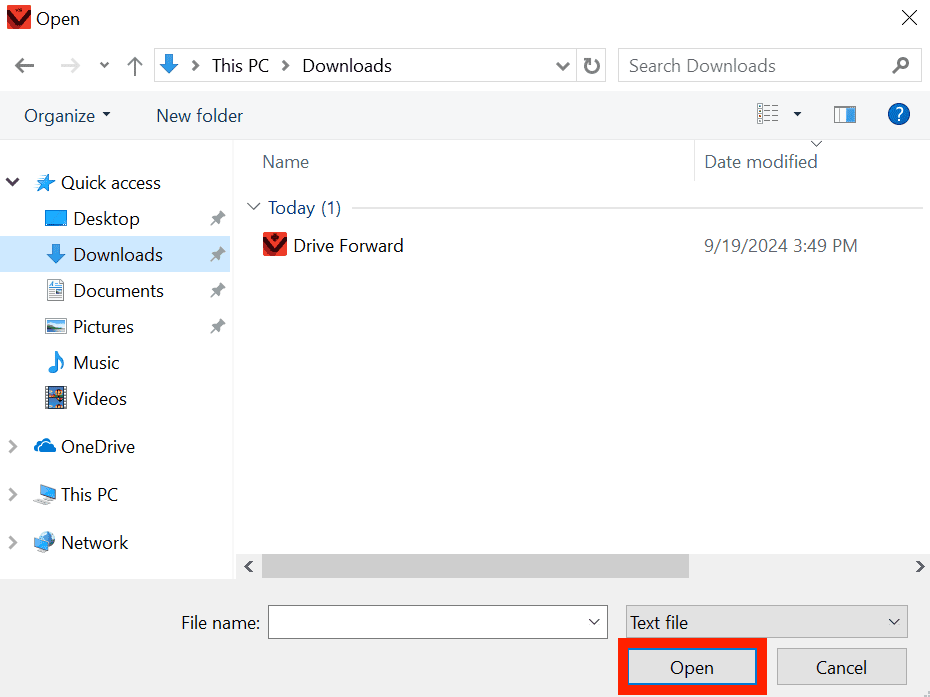 Төменгі оң жақ бұрышта бөлектелген «Ашу» түймесі бар Windows құрылғысының Файл мәзірі жобаны ашу үшін не таңдау керектігін көрсетеді.
