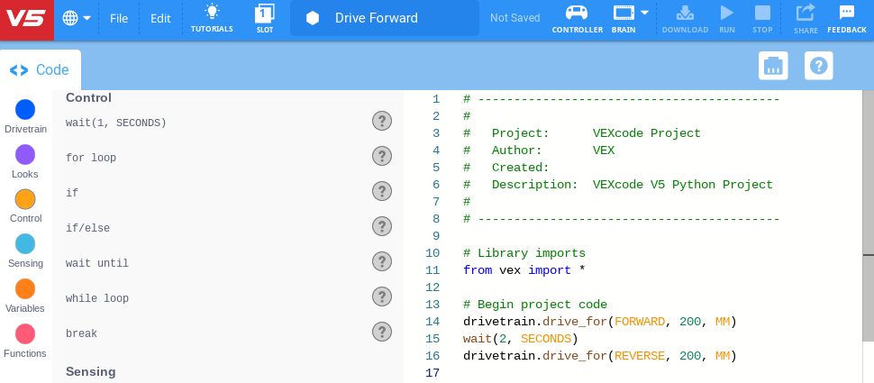 Tangkapan layar cuplikan kode 'Drive Forward' untuk robotika VEX V5, yang mengilustrasikan perintah pemrograman Python yang digunakan untuk mengendalikan gerakan maju robot dalam konteks membuka dan menyimpan proyek Python.