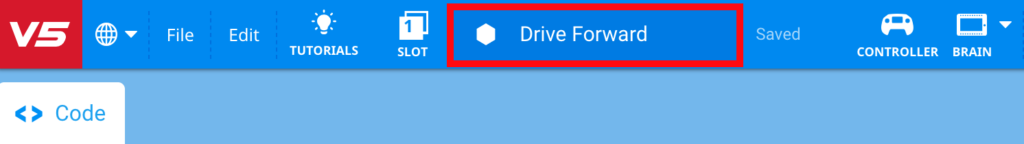 VEX V5 Drive Forward 프로그래밍 블록 일러스트레이션. VEX 로봇 프로그래밍에서 Python 프로젝트를 열고 저장하는 맥락에서 사용되는 블록의 디자인과 기능을 보여줍니다.